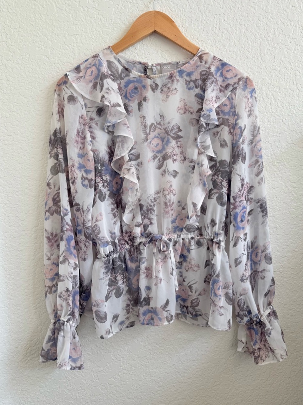ASOS Floral Chiffon Ruffle Peplum Blouse - Pale Blue & Gray Purple 6